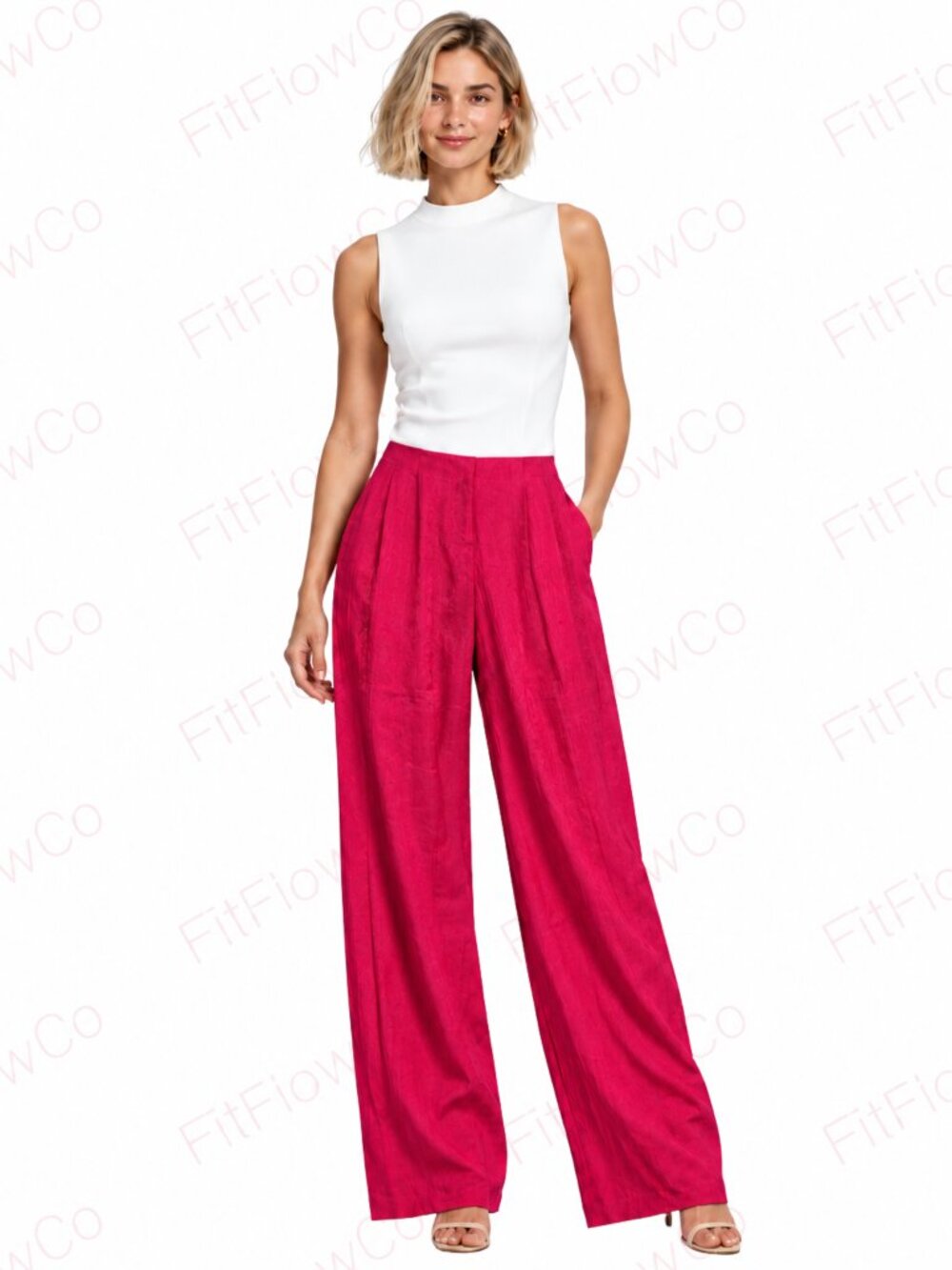 ZARA Fuchsia Pink Textured Pleated Wide Leg Pants M NWOT